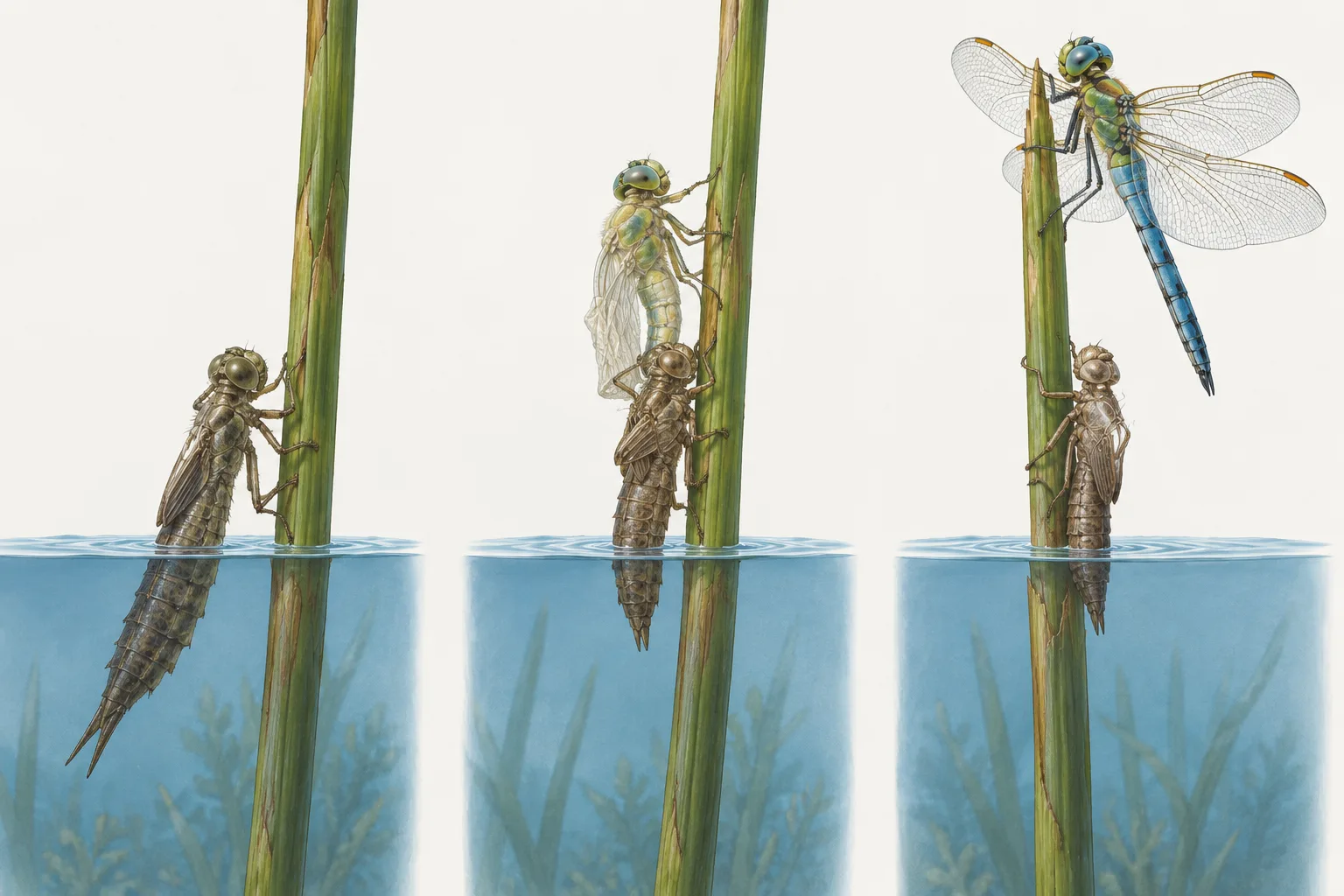 A nymph climbs a reed, an adult emerges from its split shell, and the new dragonfly rests beside the empty covering.