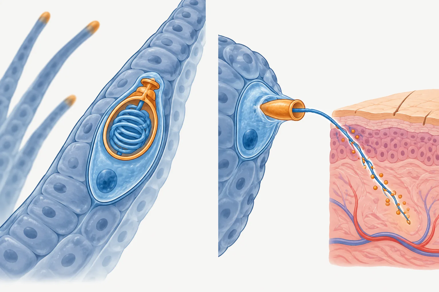 A capsule inside a tentacle cell fires a hollow thread into skin and delivers venom.