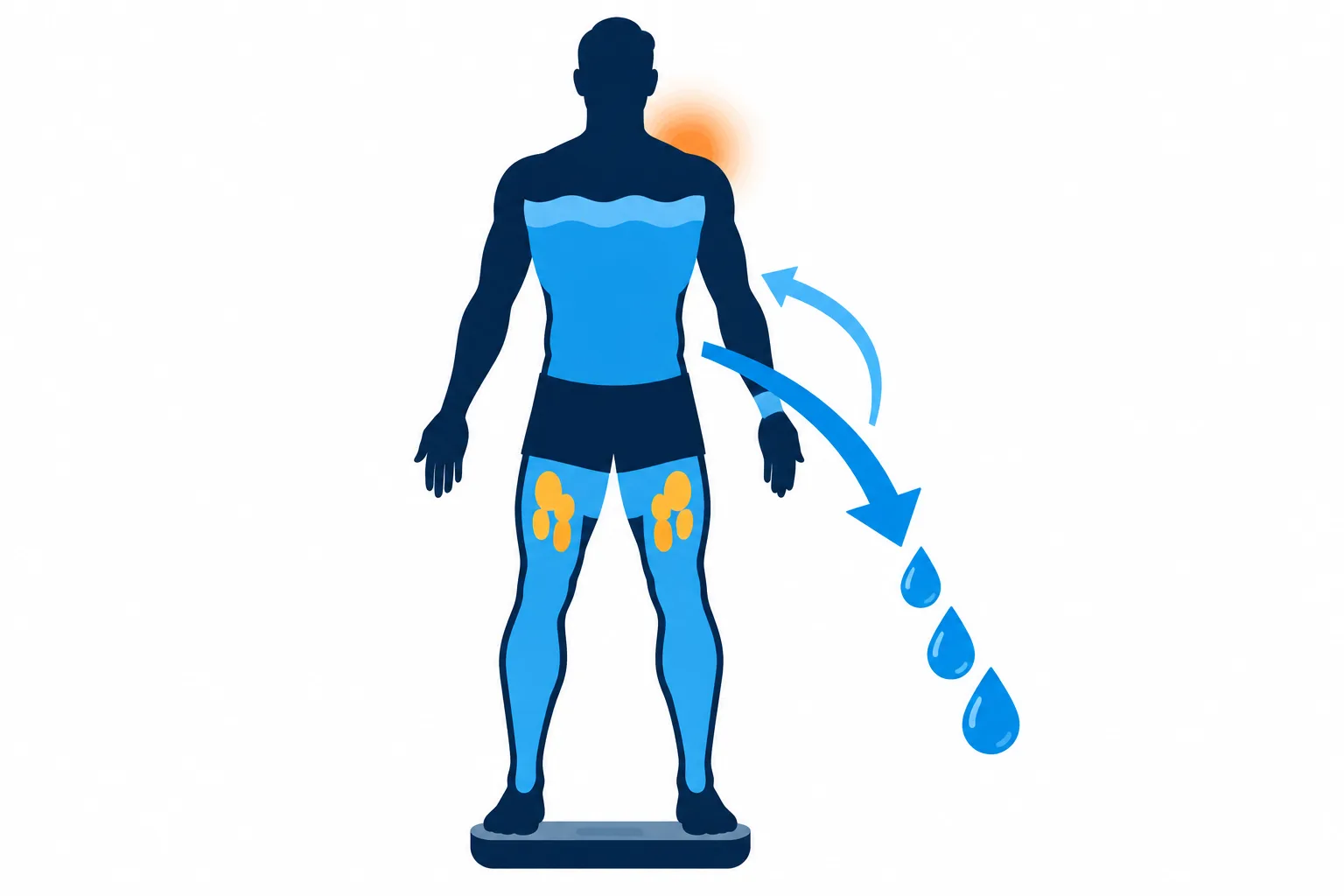A fighter on a scale loses and regains blue water droplets, illustrating the temporary fluid changes behind rapid weight cuts.