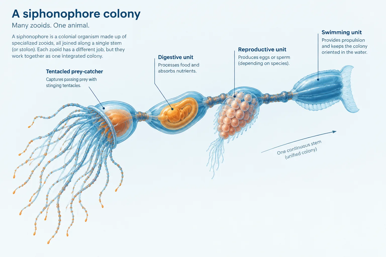 Specialized prey-catching, digestive, reproductive, and swimming zooids remain connected in one siphonophore colony.