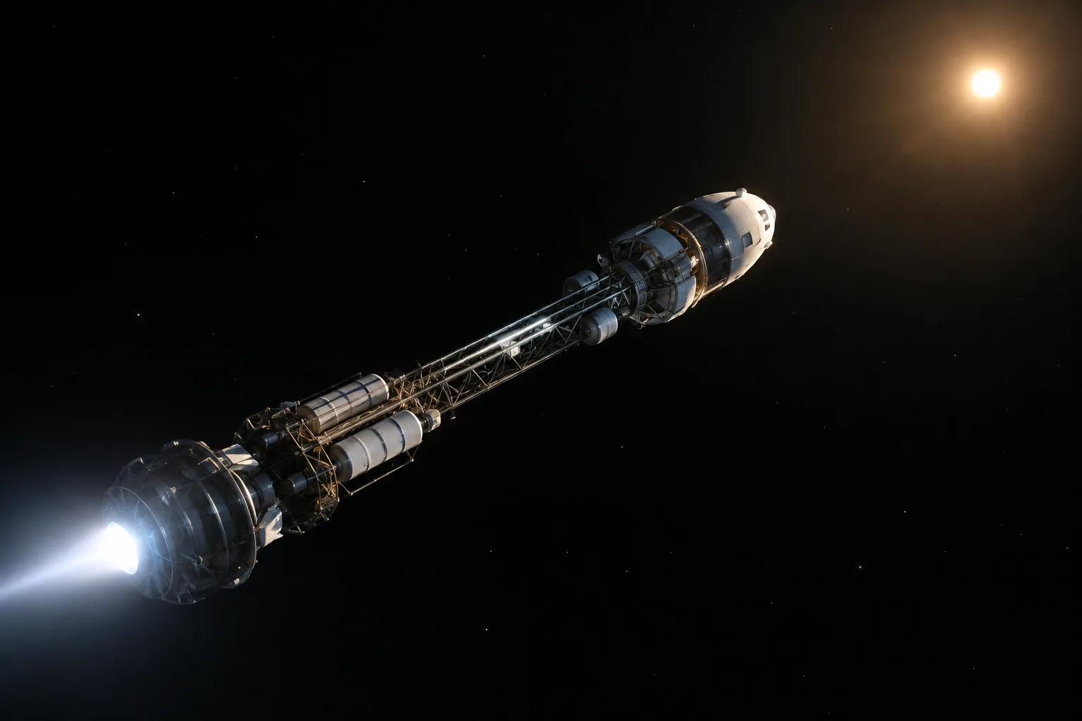 An interstellar spacecraft with a brilliant rear photon drive heads toward a distant star.