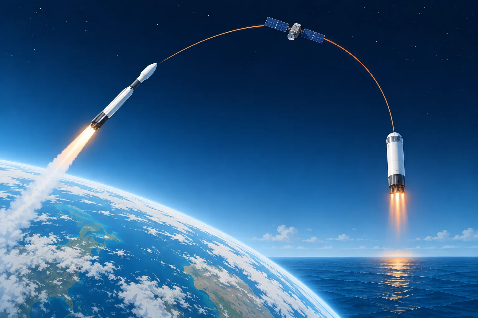 A conceptual rocket flight links an orbital satellite deployment to a controlled return over the ocean.