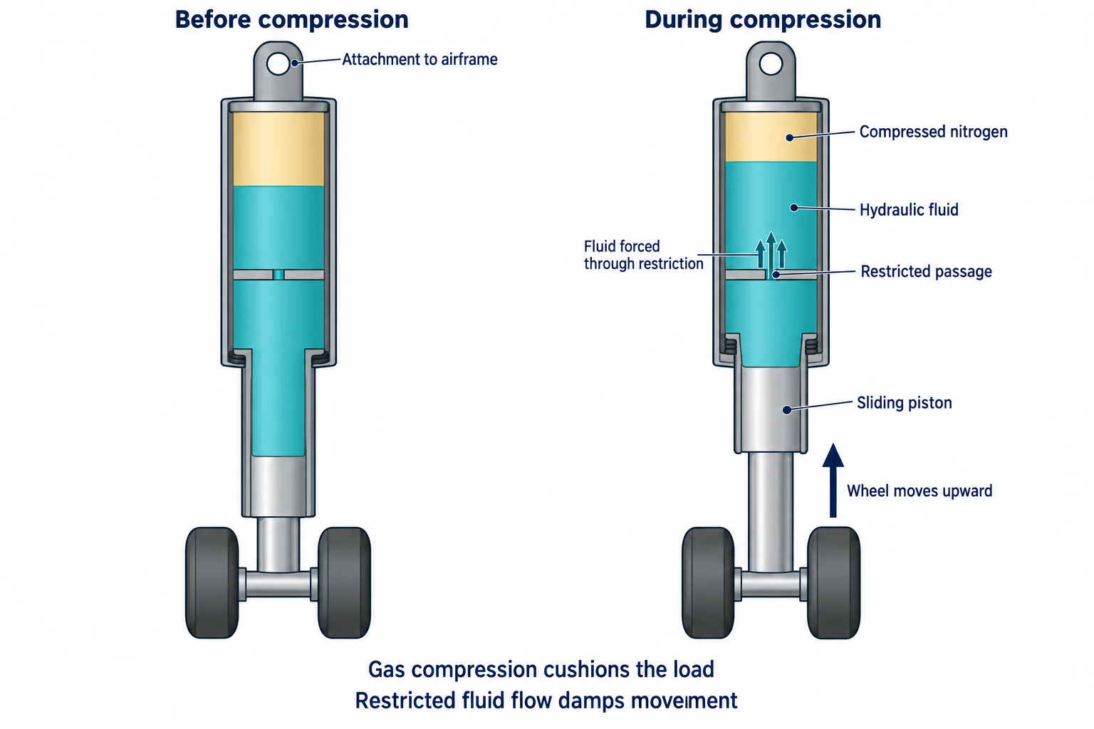 Cutaway diagrams show a landing-gear strut shortening as nitrogen compresses and hydraulic fluid passes through a restriction.