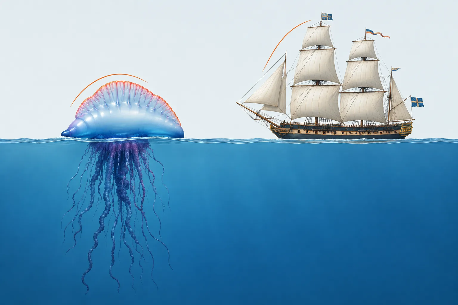 Side views compare the man o’ war’s raised float with a sailing warship’s sail above the waterline.