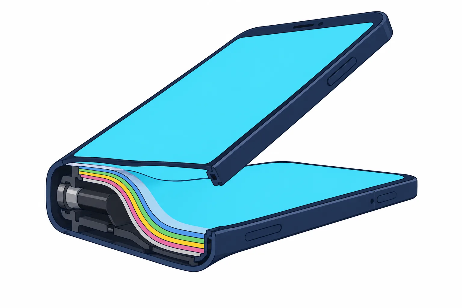 A foldable phone cutaway reveals thin screen layers bending smoothly within a rounded hinge.