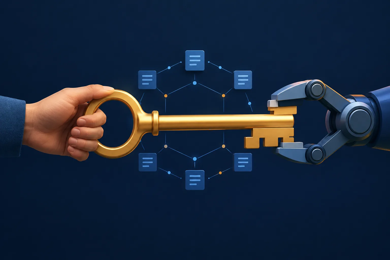 A human hand and a vault gripper hold opposite ends of a gold key, symbolizing personal versus company control of crypto.