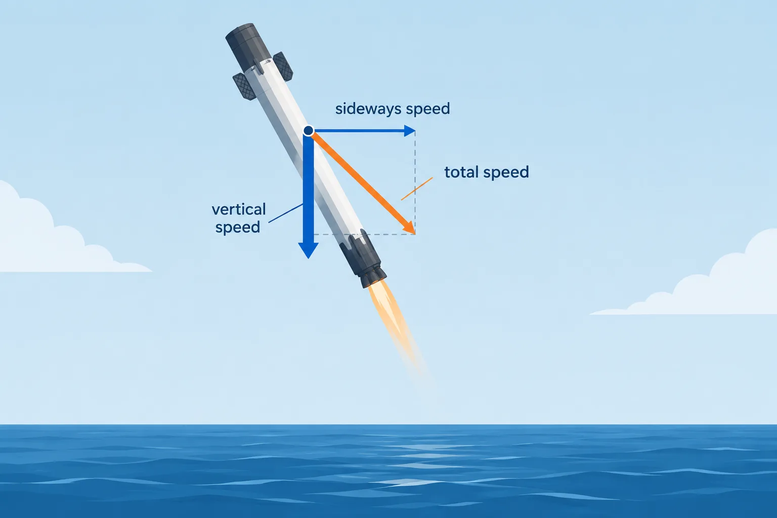A diagonal motion arrow is separated into vertical descent and sideways motion.