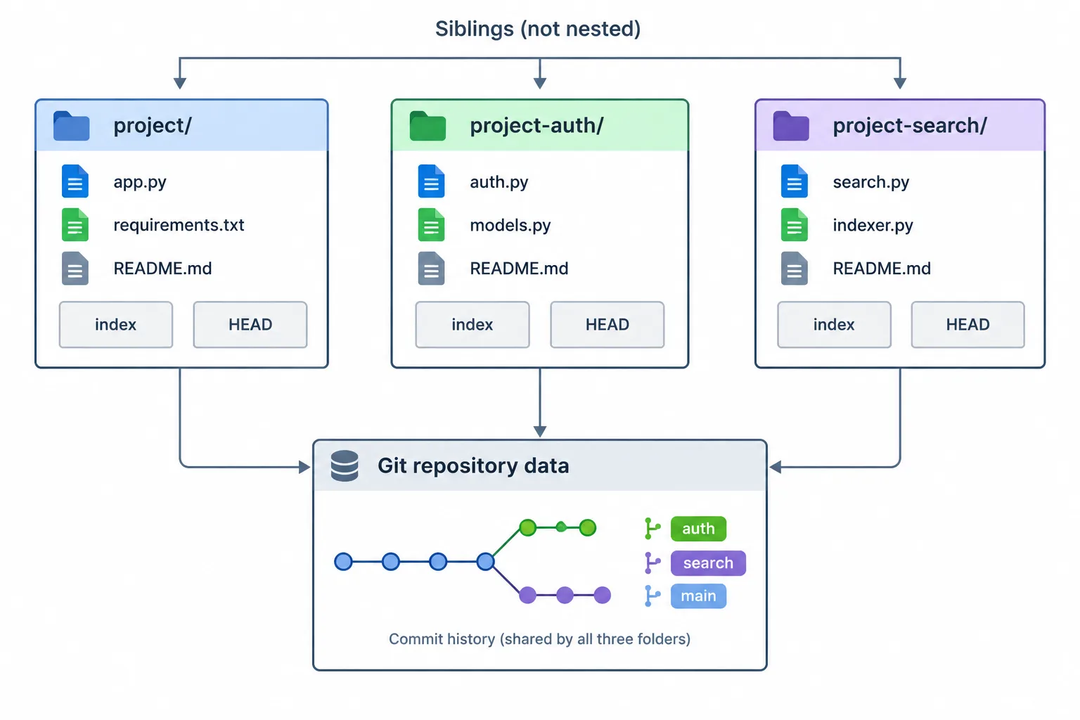 Three sibling worktrees have separate files, indexes, and HEADs connected to shared repository data.