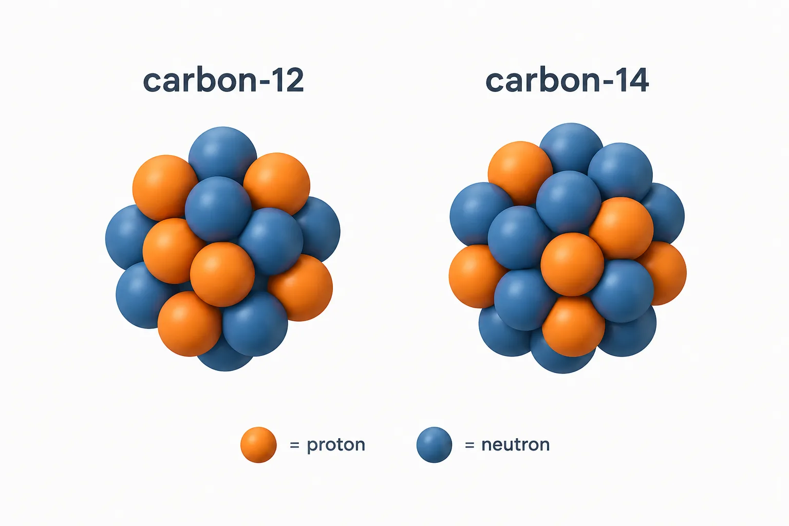 Carbon-12 and carbon-14 each have six protons but different numbers of neutrons.