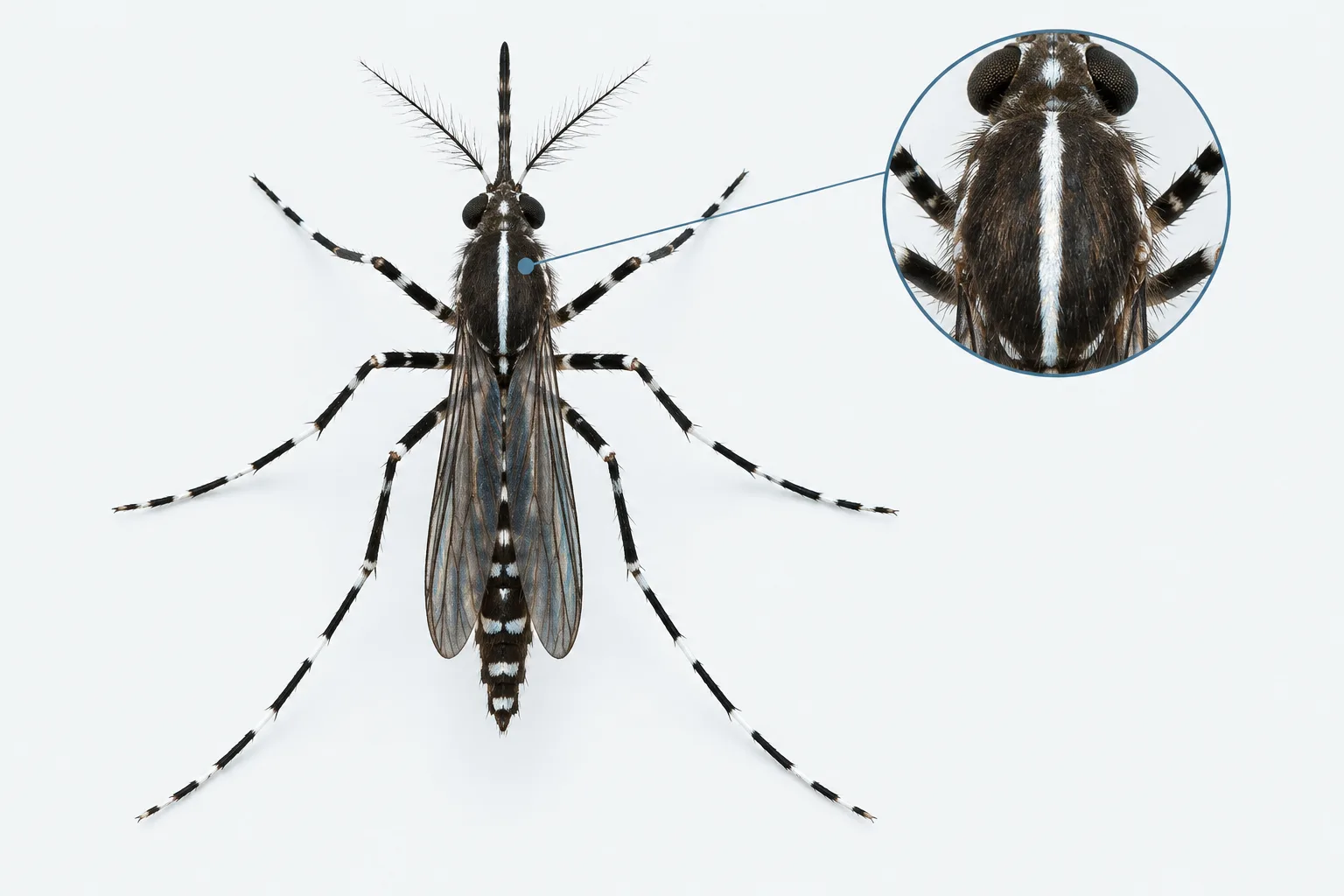 A top-down view and enlarged detail show the tiger mosquito’s single white back stripe and banded legs.