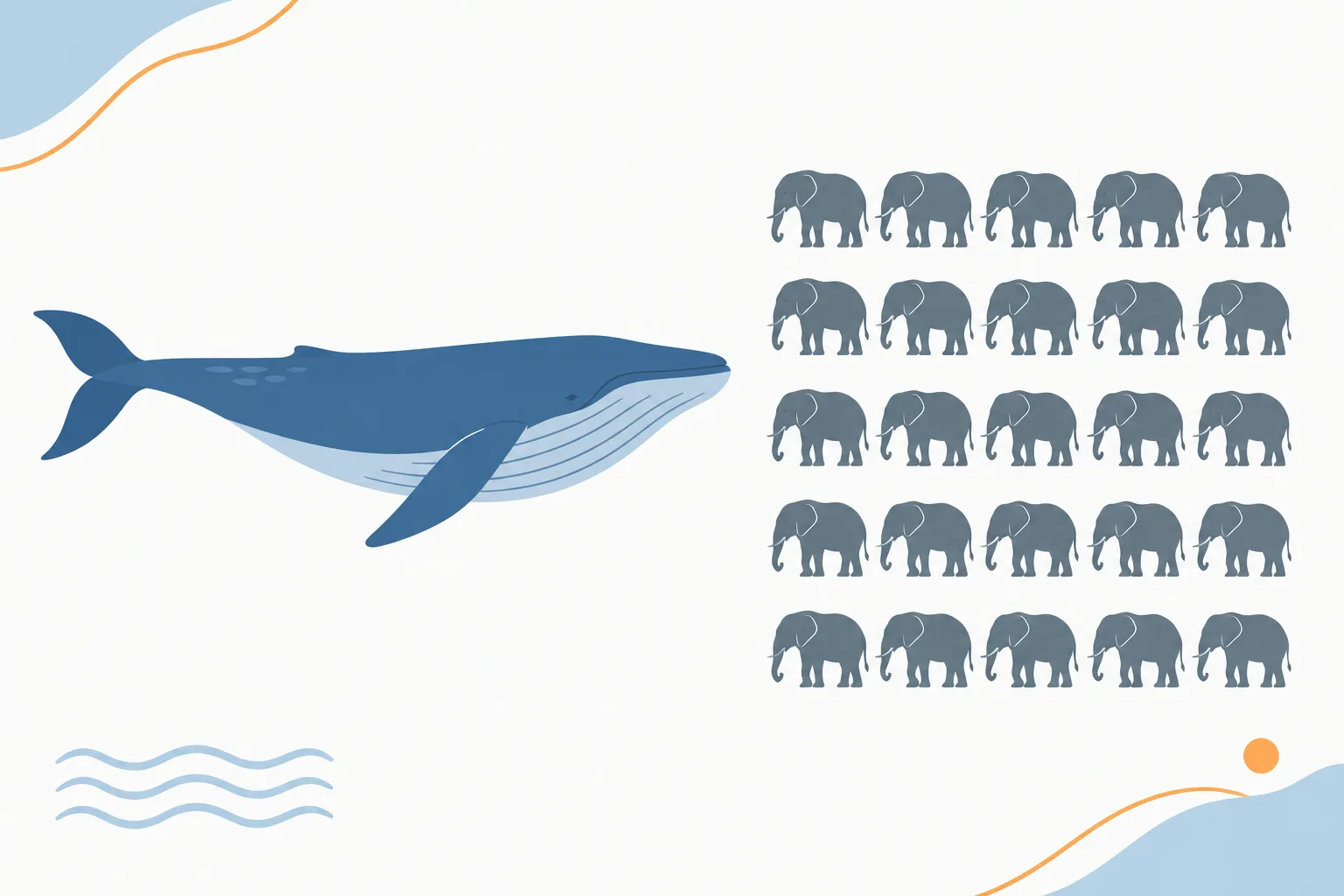 One blue whale is balanced against a group of 25 elephants to compare their mass.