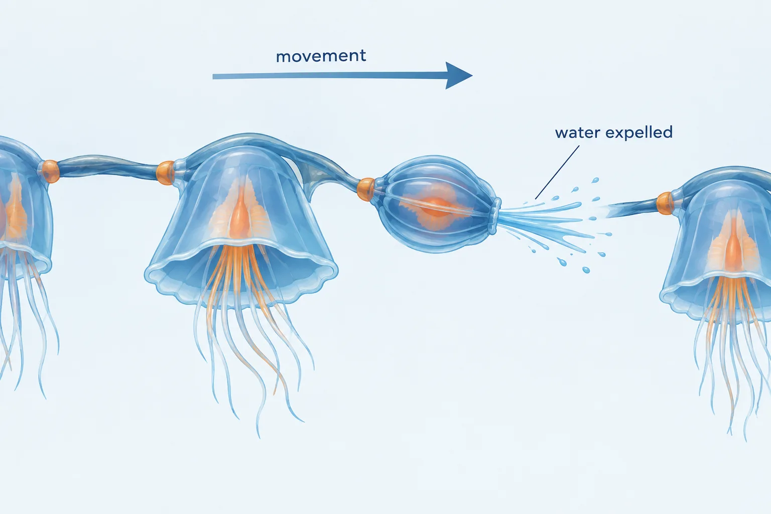 Contracting swimming bells expel water backward, pushing the connected colony forward.