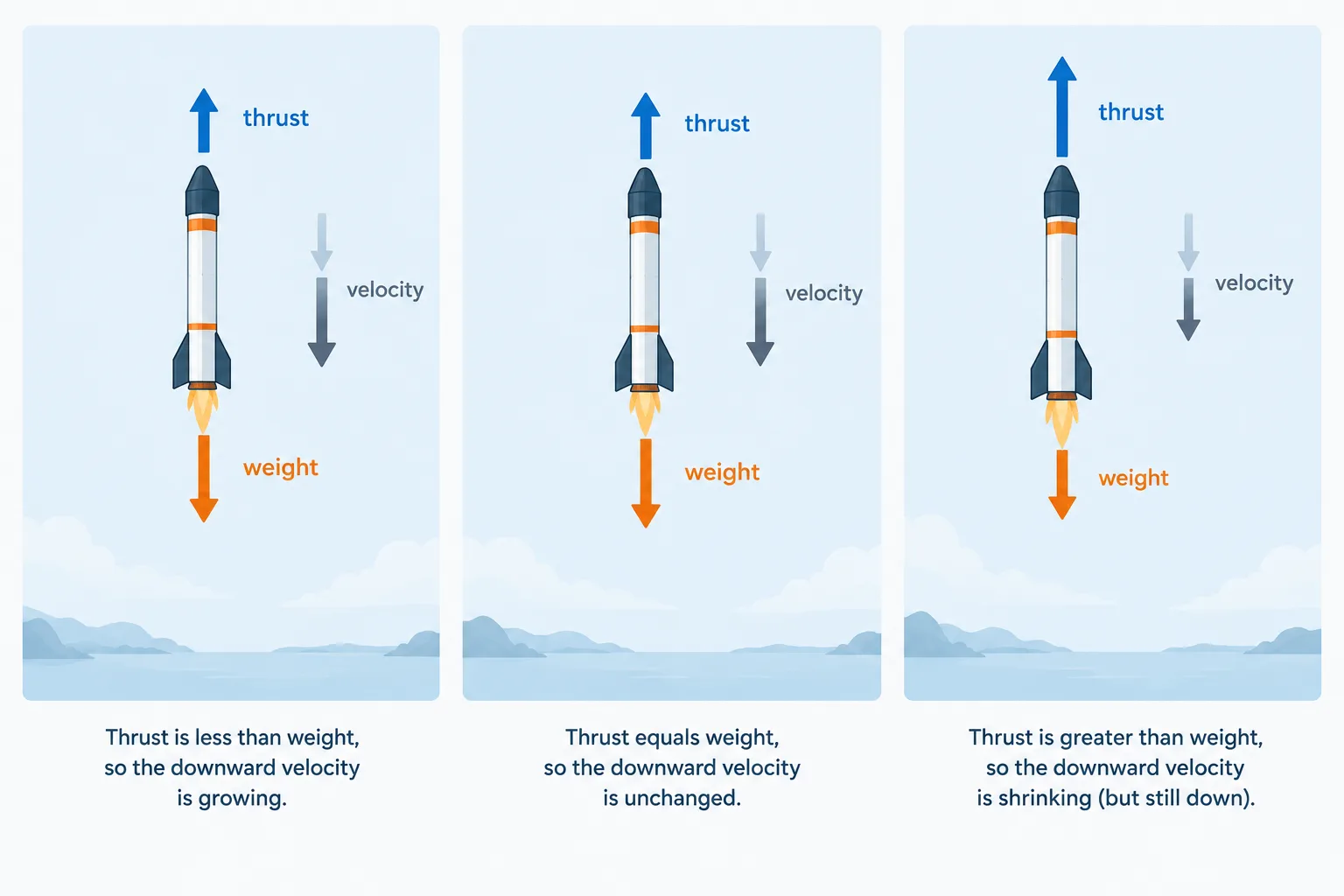 Three force comparisons show a descending booster speeding up, maintaining speed, or slowing down.