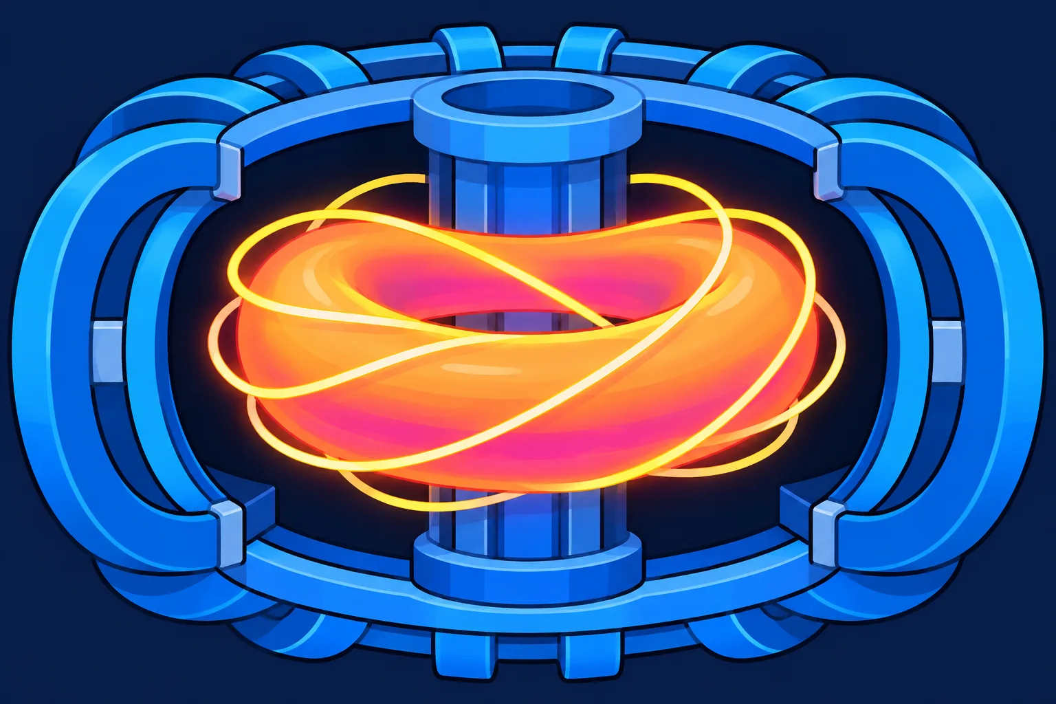 A glowing doughnut of plasma floats inside a ring of magnetic coils, away from the walls.