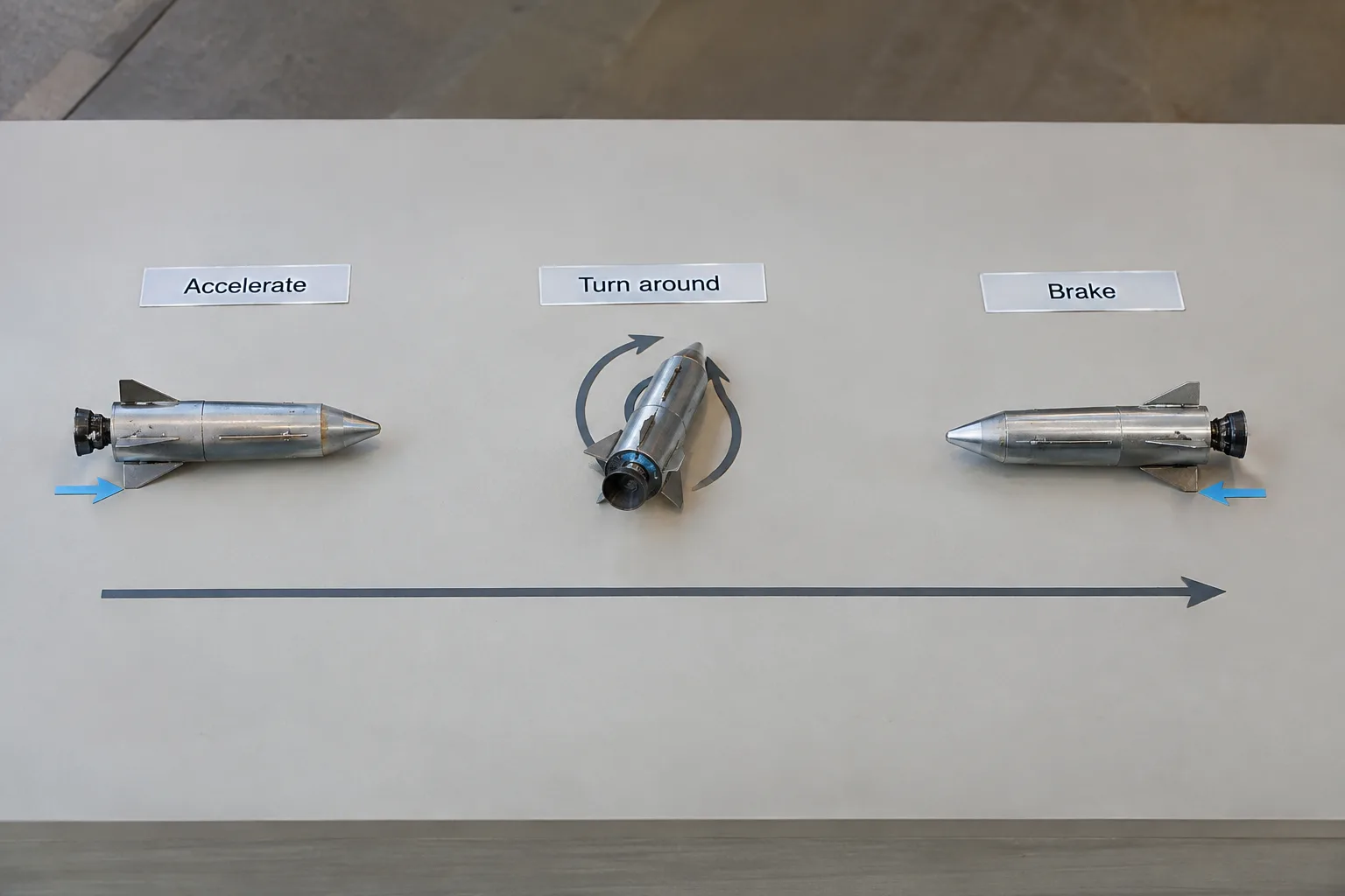 Three spacecraft models show acceleration, turnaround, and braking while travel continues toward the destination.
