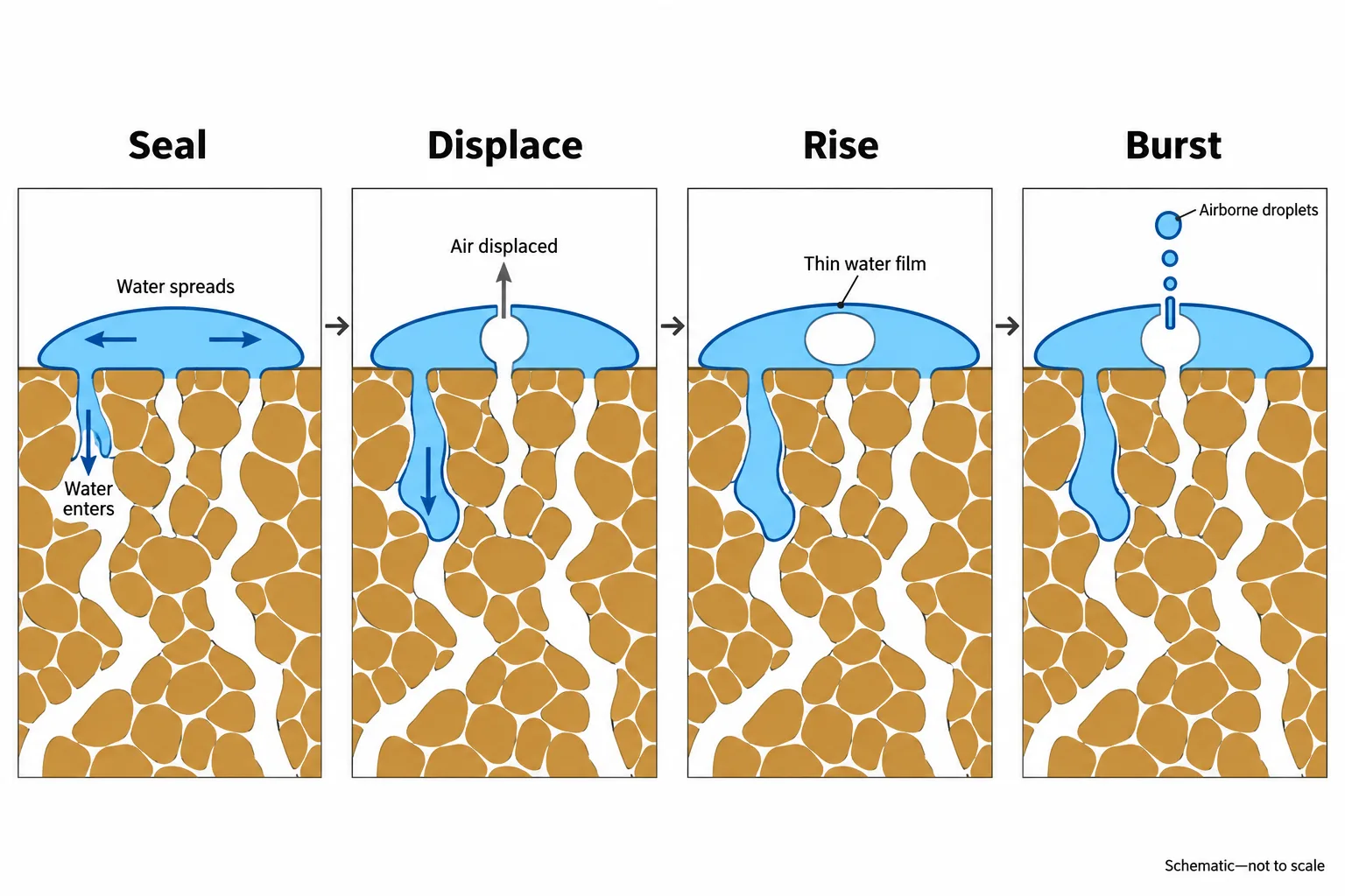 Four cross-sections trace water sealing soil pores, displacing air into bubbles, and releasing airborne droplets when a bubble bursts.