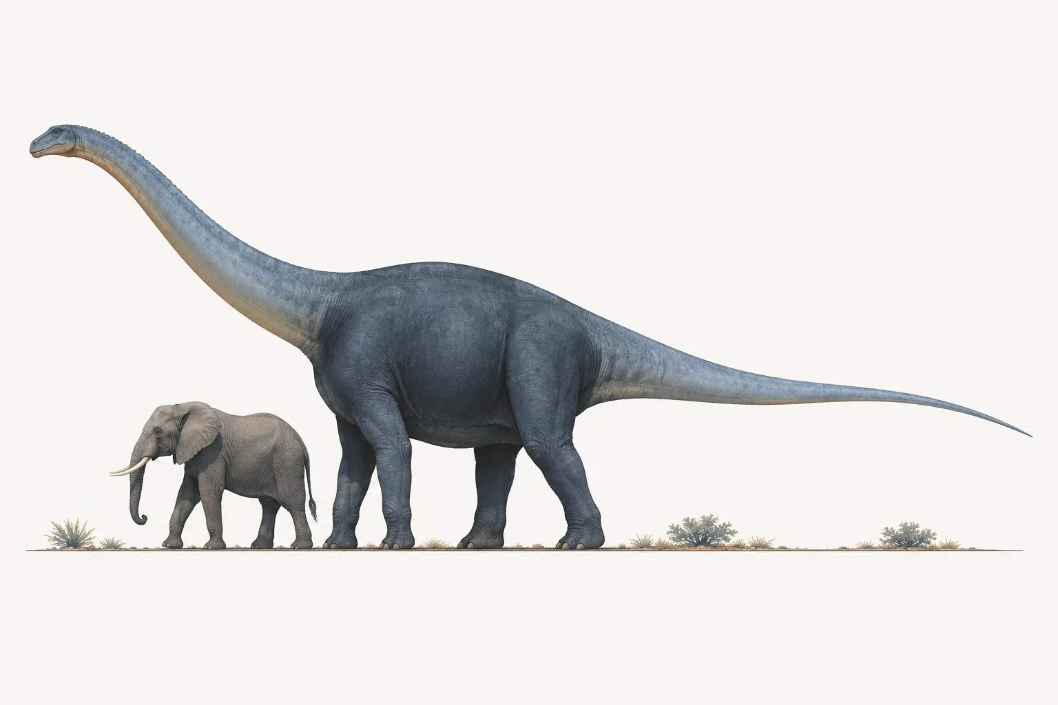A sauropod towers over an elephant, with its bulky torso distinguished from its long neck and tail.