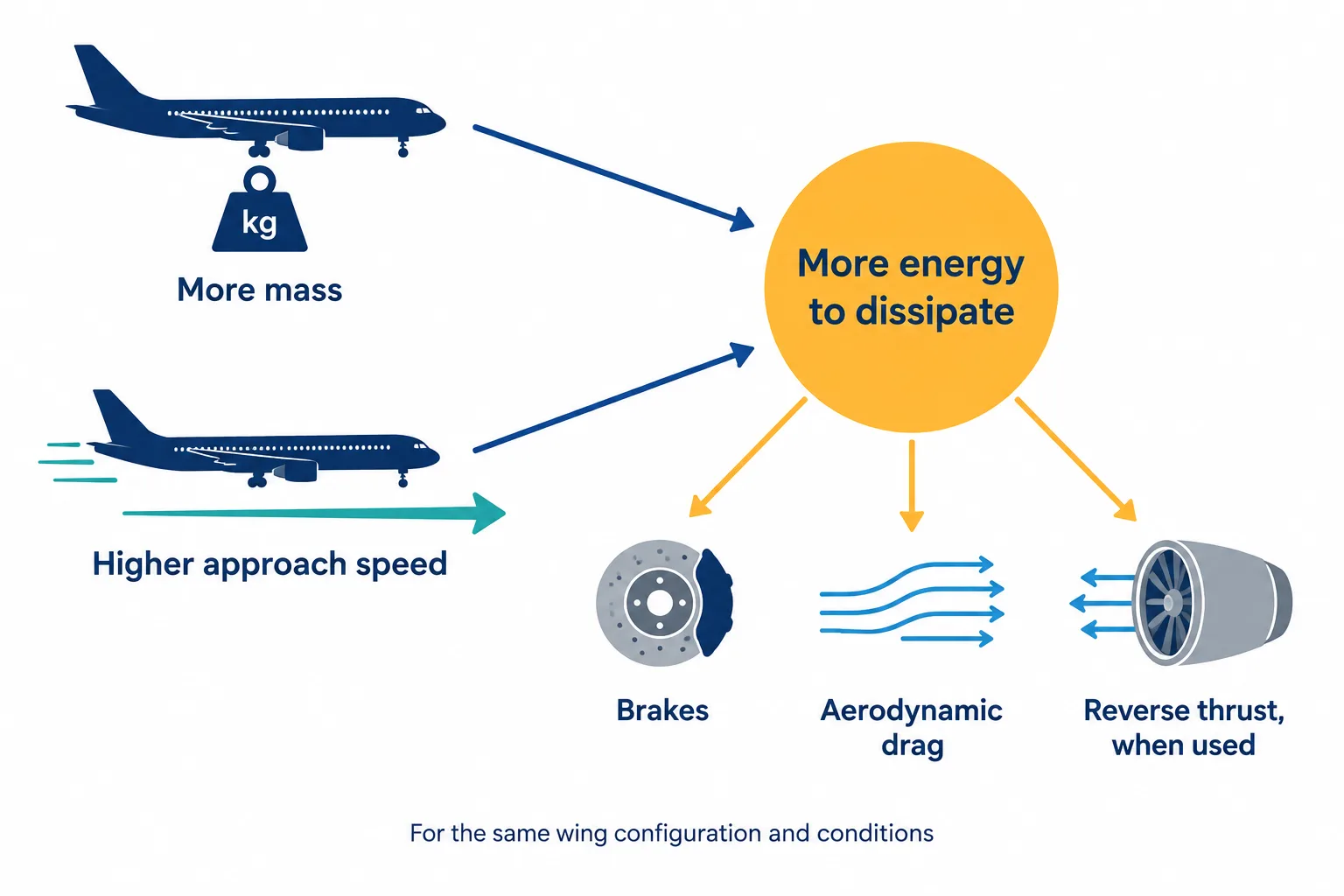 More mass and higher approach speed combine to increase the energy dissipated during landing and stopping.