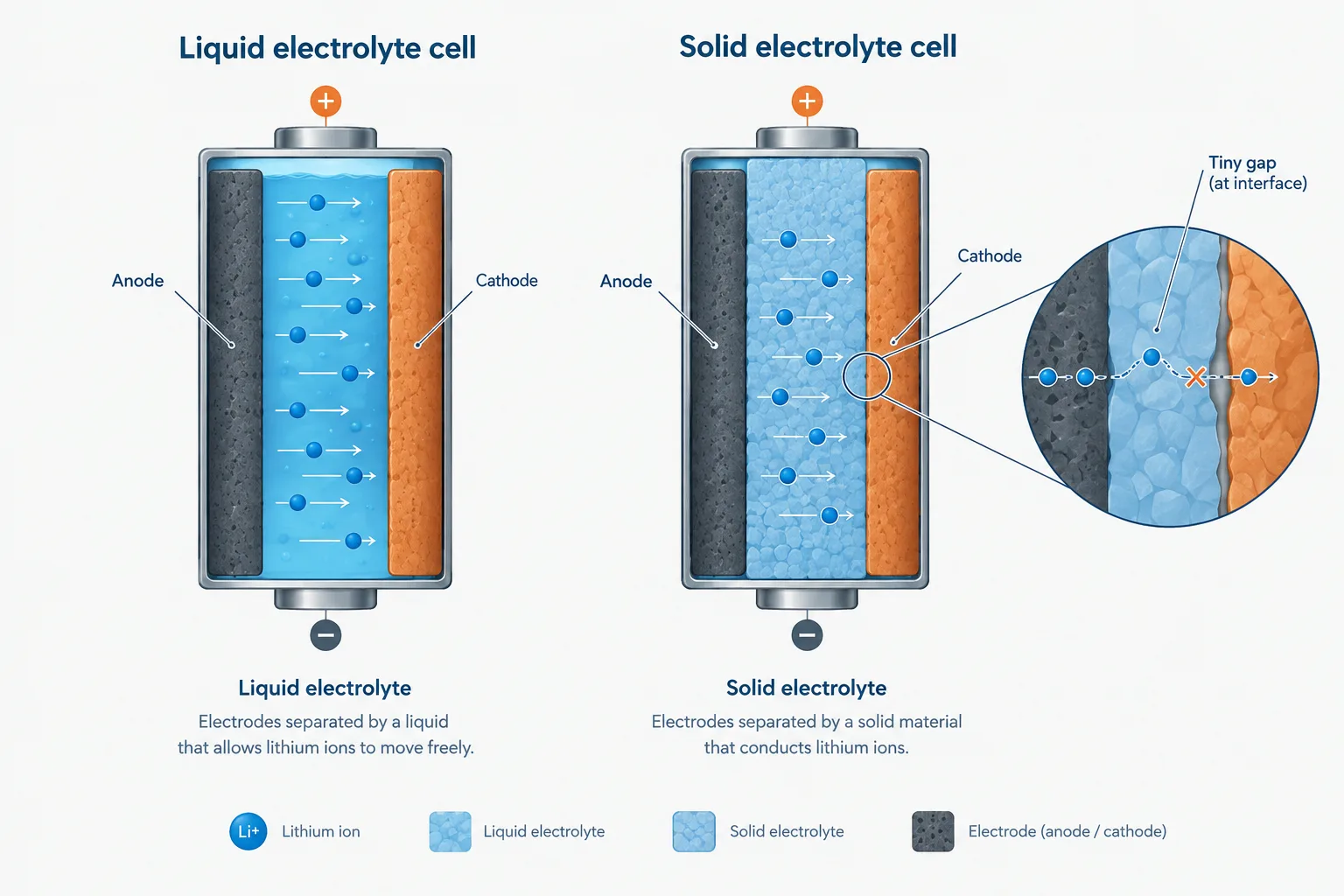 Cross-sections contrast a liquid-electrolyte cell with a solid-state cell whose electrode contact has developed a gap.