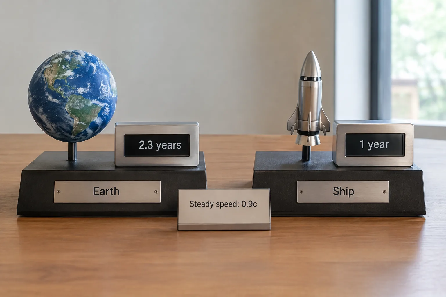 Two elapsed-time counters compare about 2.3 years on Earth with one year aboard a ship moving steadily at 90 percent of light speed.