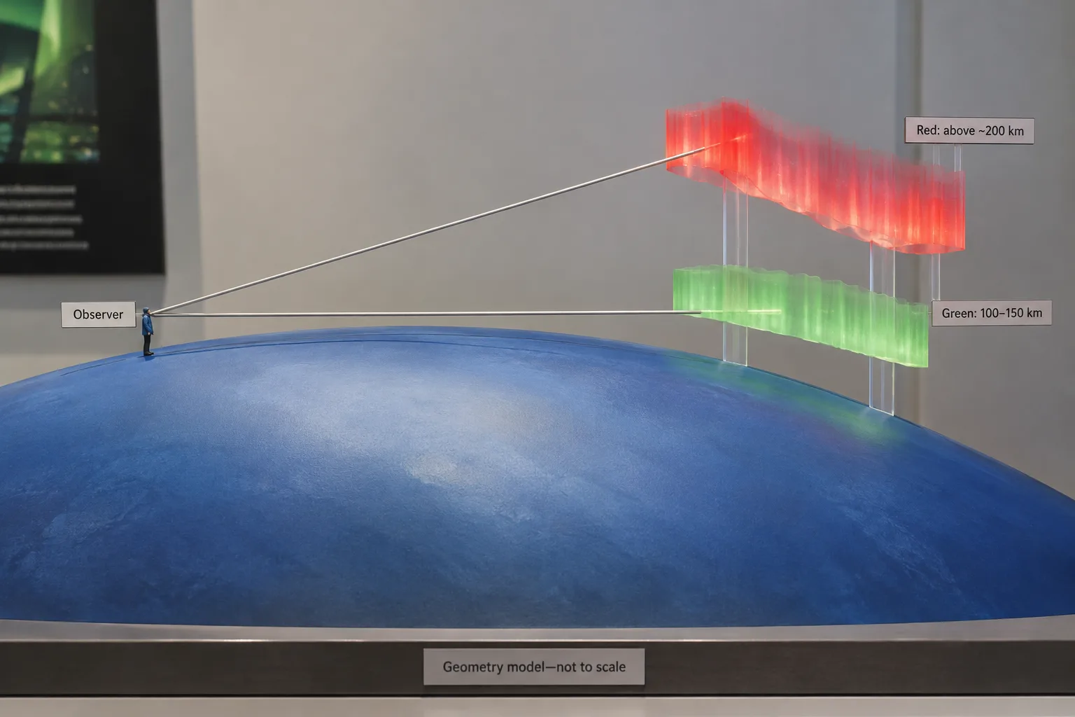 A curved-Earth model shows an observer’s clear sightline to high red aurora while Earth blocks the lower green layer.