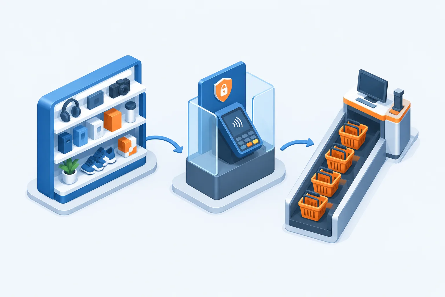 A product shelf, protected payment terminal, and queued checkout lane form a connected store system.