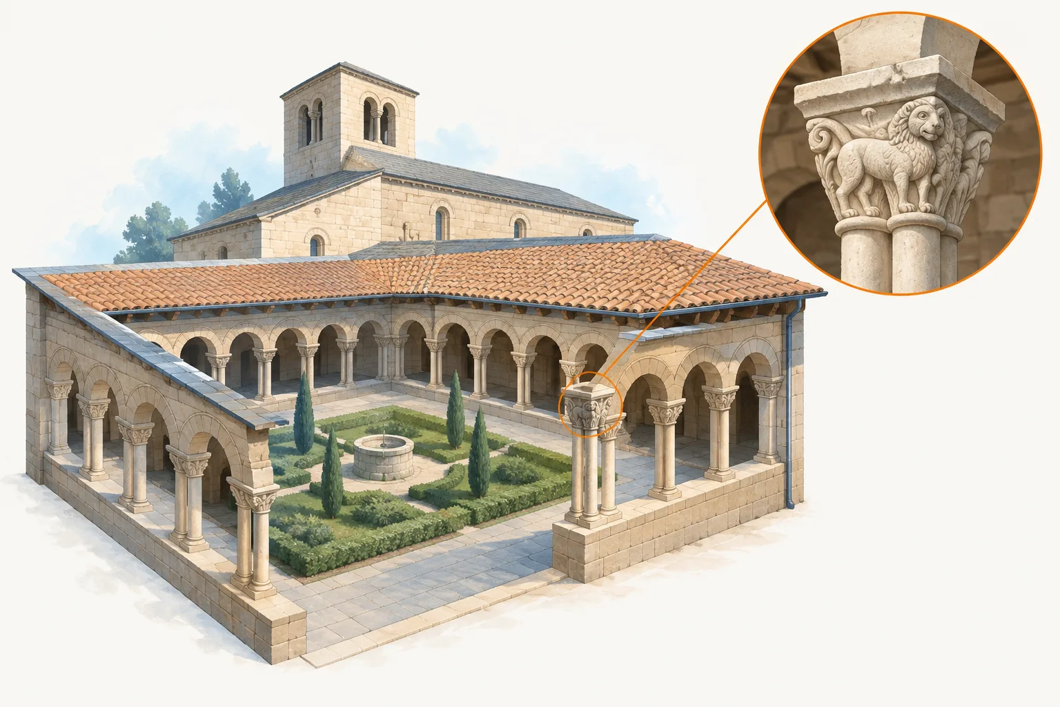 A cloister courtyard is surrounded by arched walkways, with a close-up of a carved column capital.