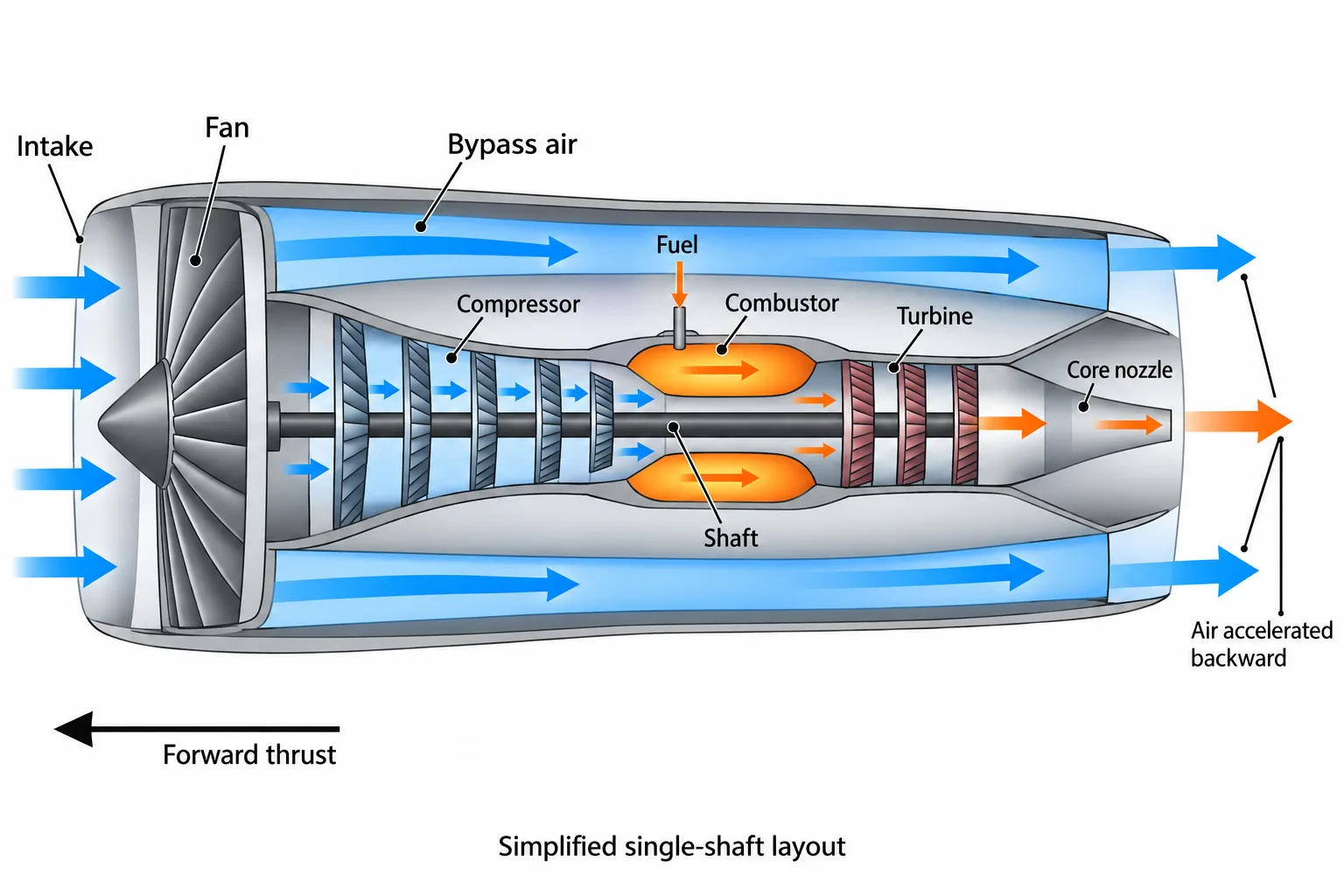 A labelled turbofan cross-section traces bypass and core airflow and shows the shaft linking the turbine to the compressor and fan.