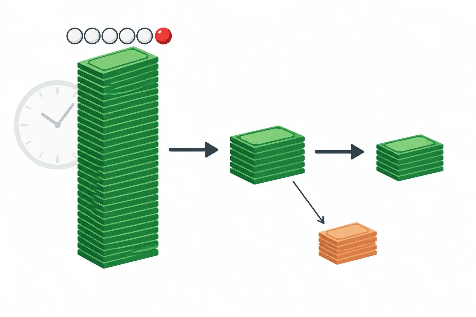 Lottery balls and three shrinking money stacks symbolize the gap between a headline jackpot, its cash value, and winnings after taxes.