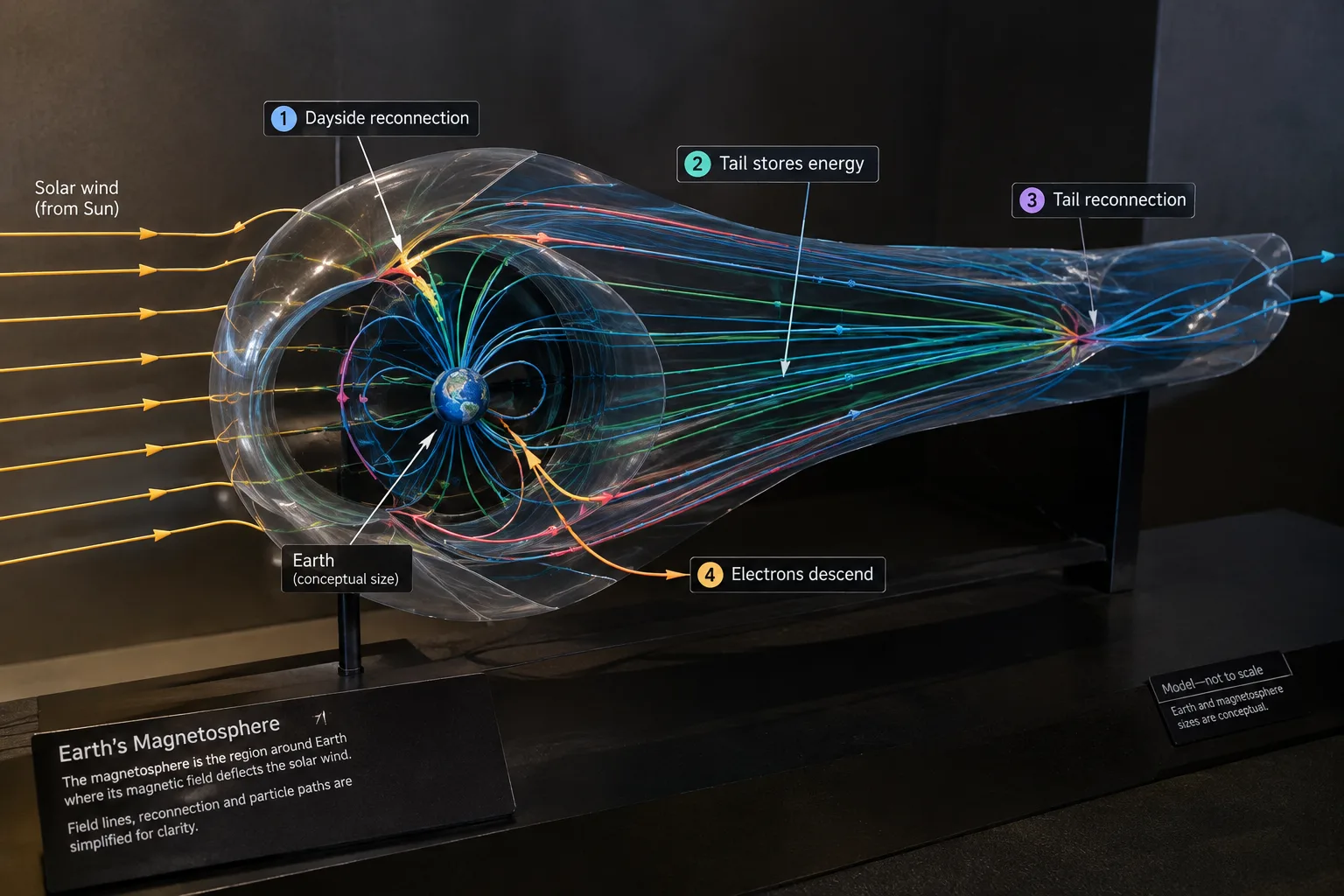 A physical magnetosphere model shows solar wind flowing around Earth and energy passing through the magnetotail to polar auroras.