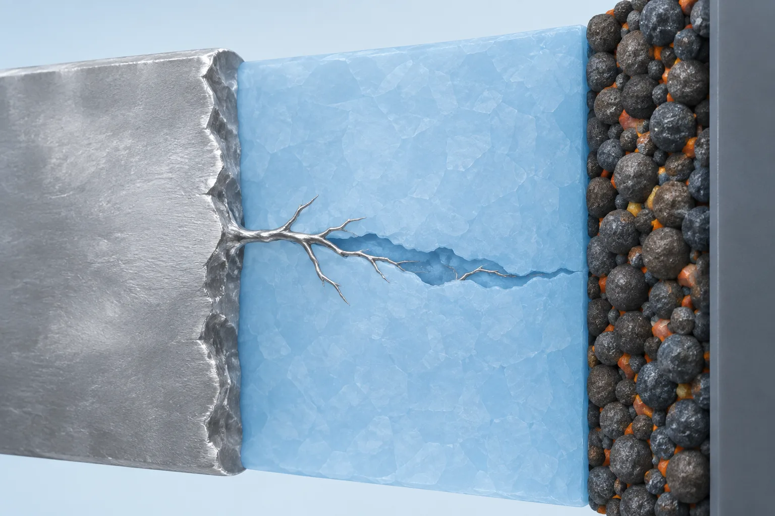 A thin lithium filament grows into a defect in the solid electrolyte toward the opposite electrode.