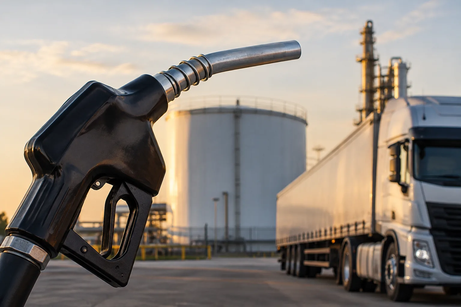 A diesel nozzle stands in front of a freight truck, fuel-storage tank and distant refinery.