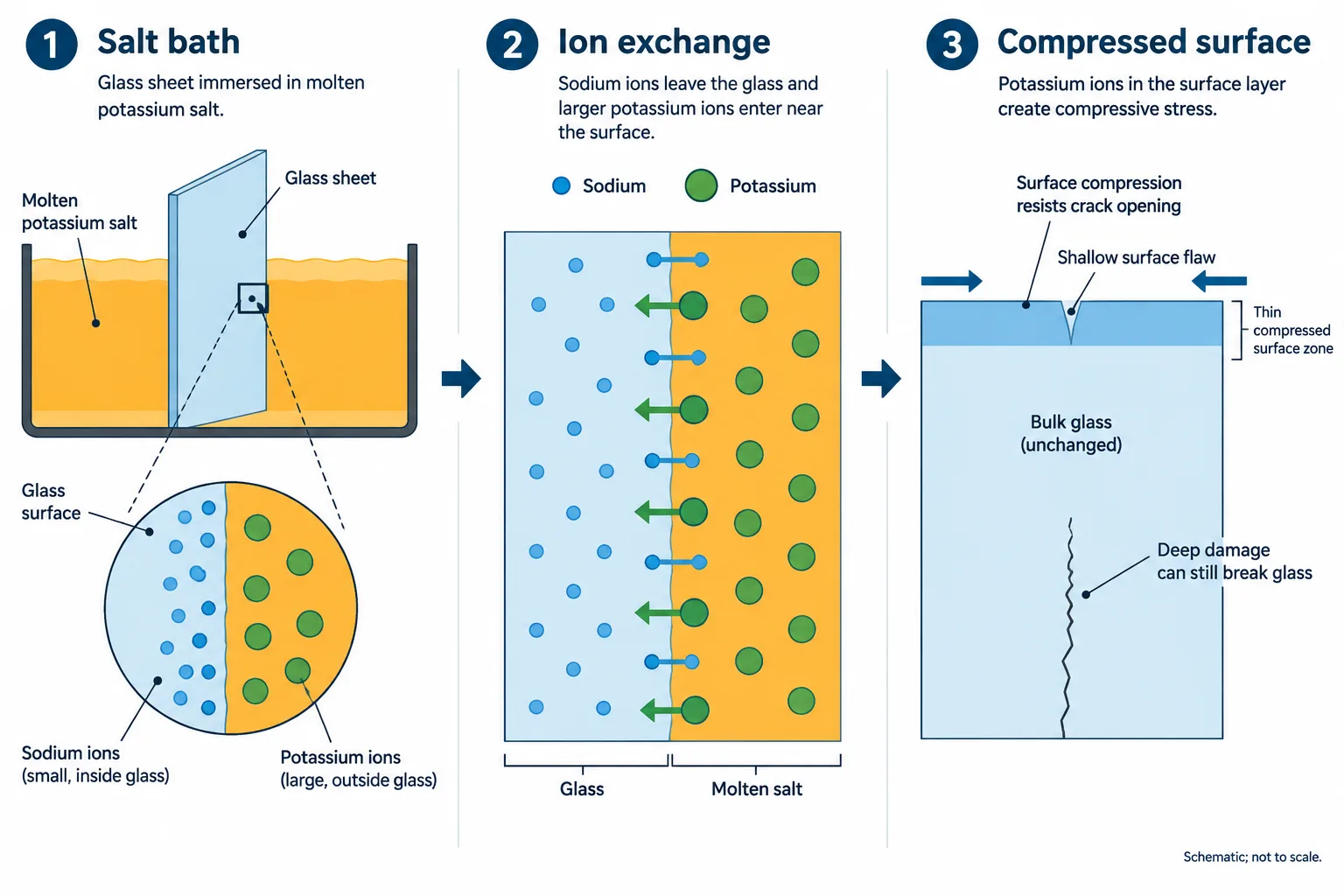 Three panels show potassium replacing sodium near a glass surface, creating compression that resists crack opening.