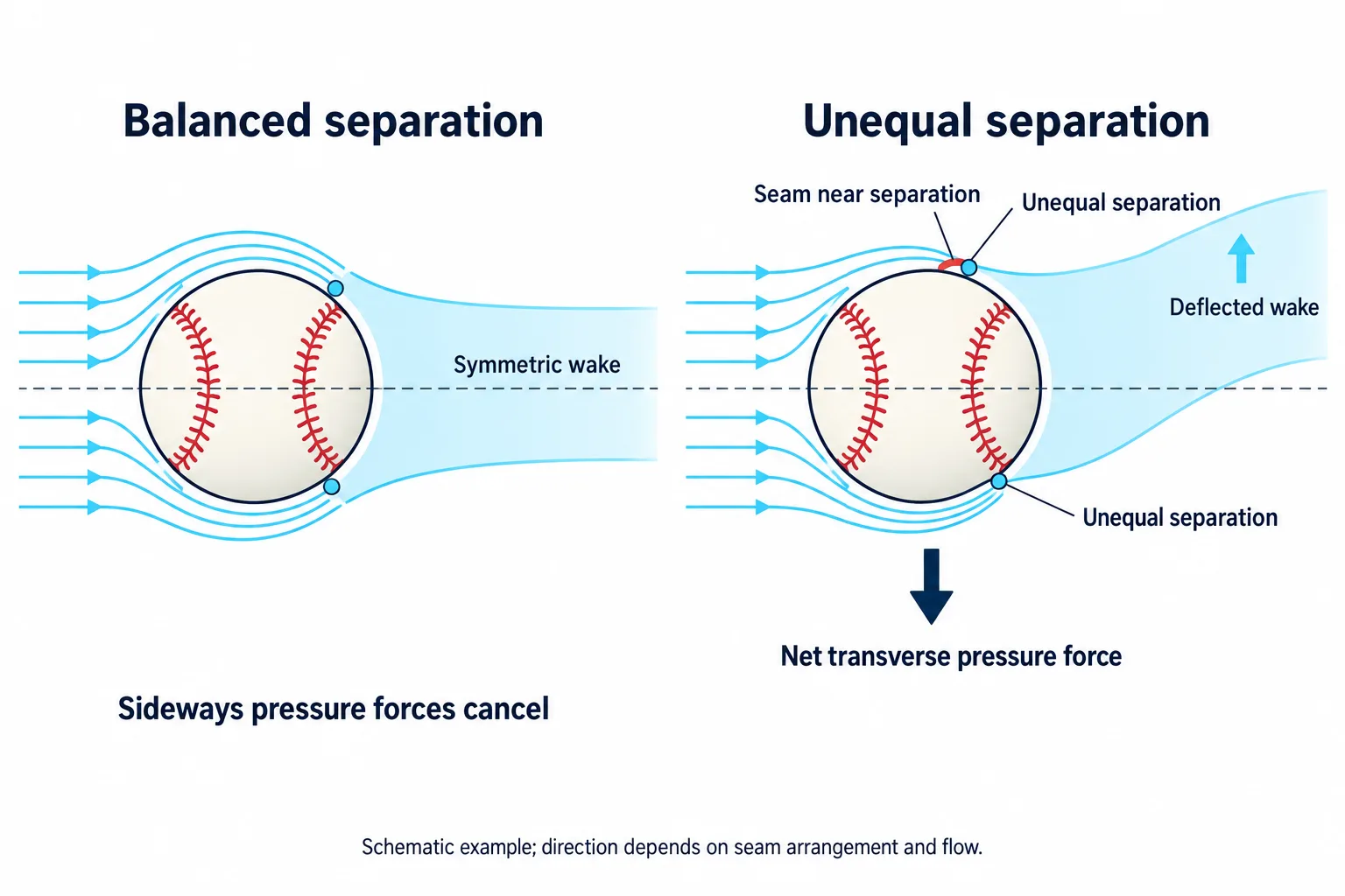 Balanced separation creates a symmetric wake, while unequal separation produces a deflected wake and a transverse pressure force.