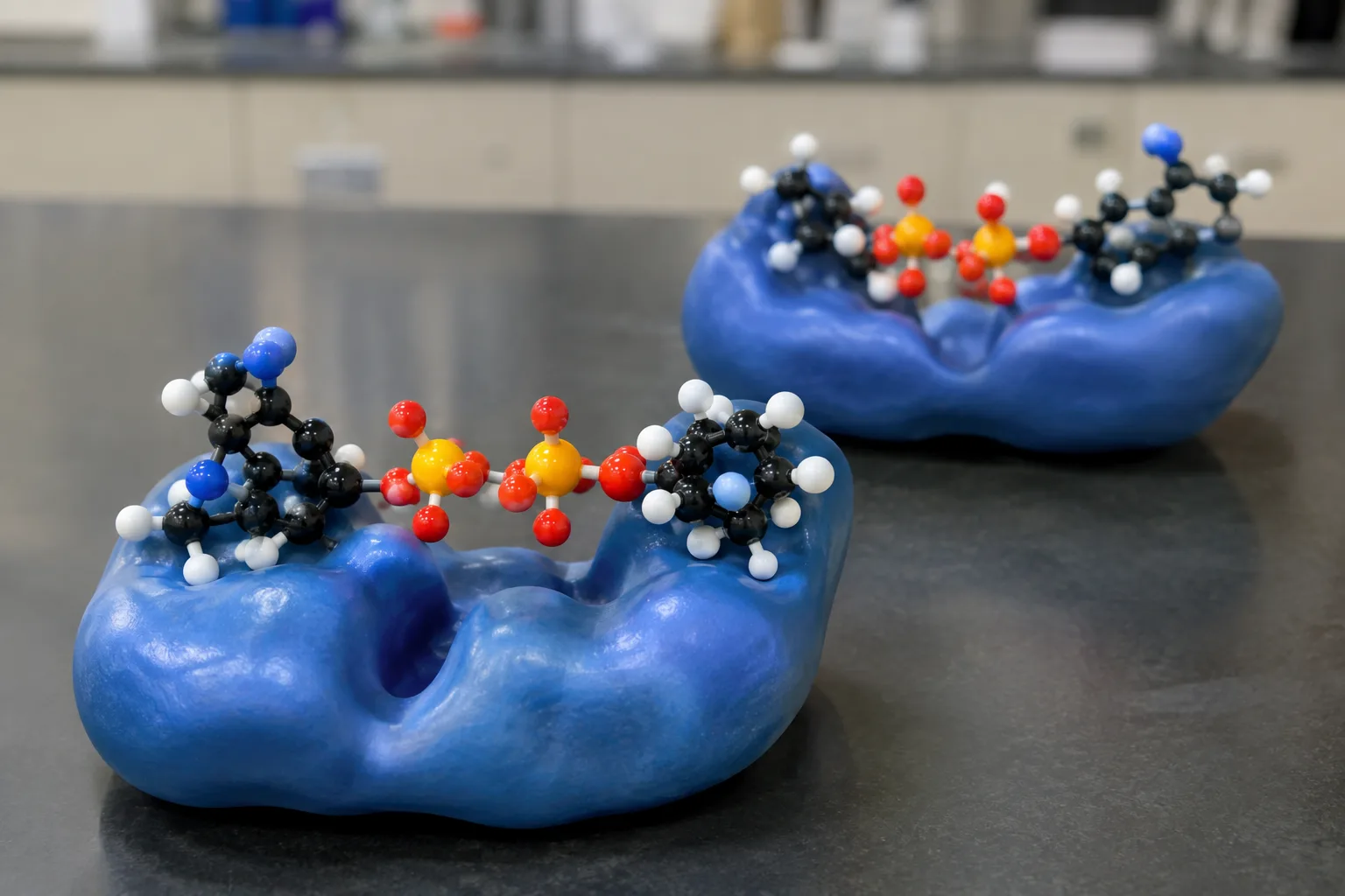 A molecular model shows a phosphate moving directly from a donor molecule to ADP, forming ATP.