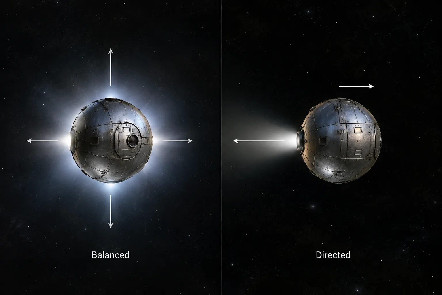 Two spacecraft views compare balanced light emission in opposite directions with a directed beam producing recoil.