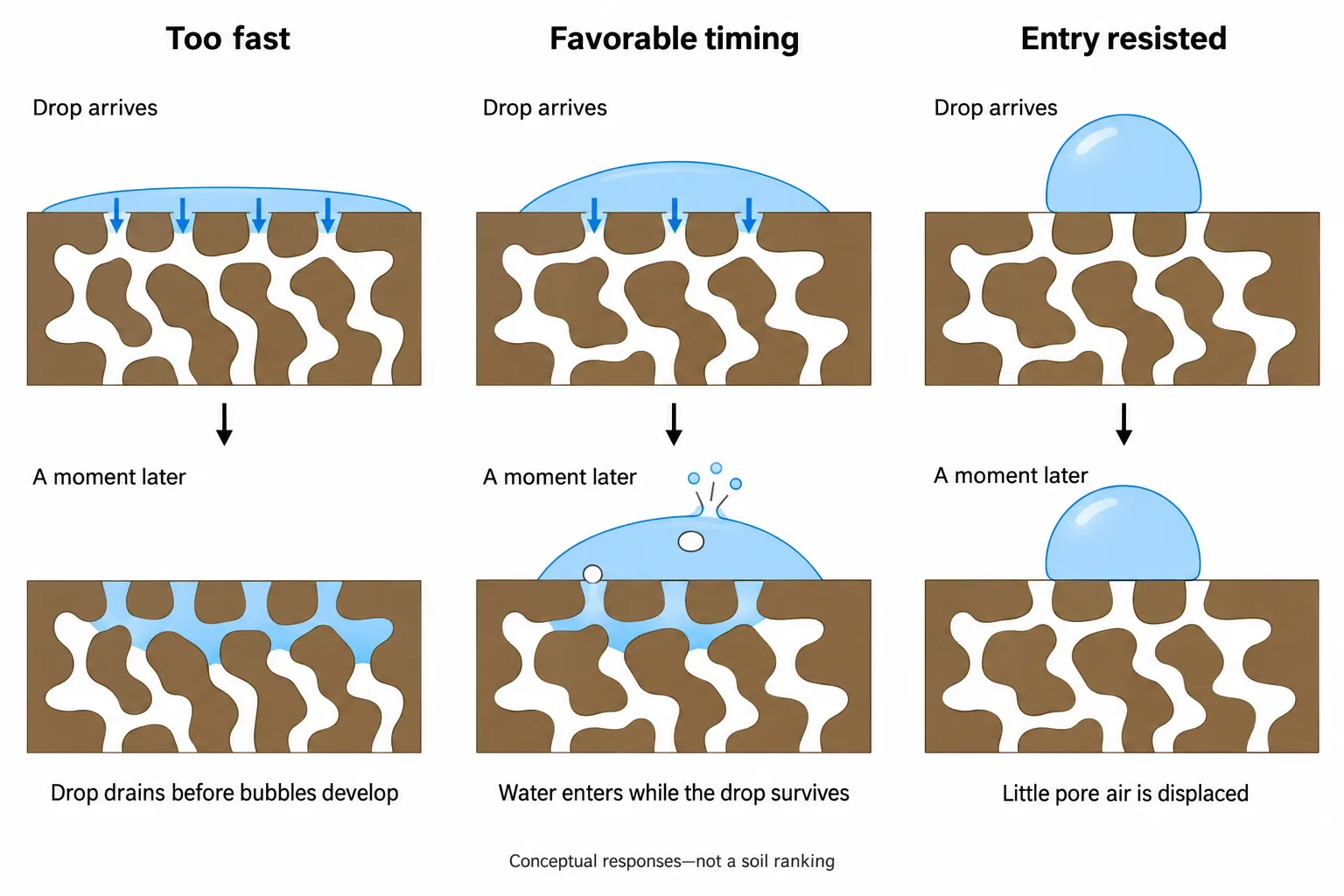 Three paired cross-sections compare rapid drainage, water entry that supports bubble formation, and water-repellent beading.