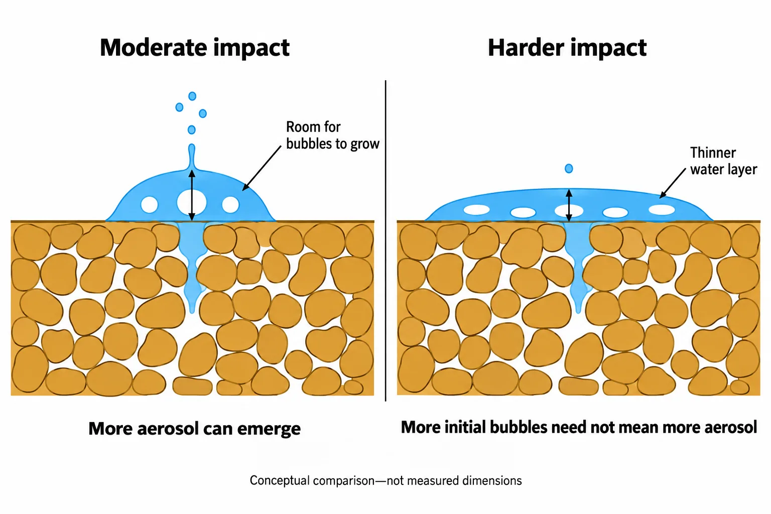 Equal-volume drops spread to different depths, illustrating how a harder impact can leave less room for aerosol-producing bubbles.