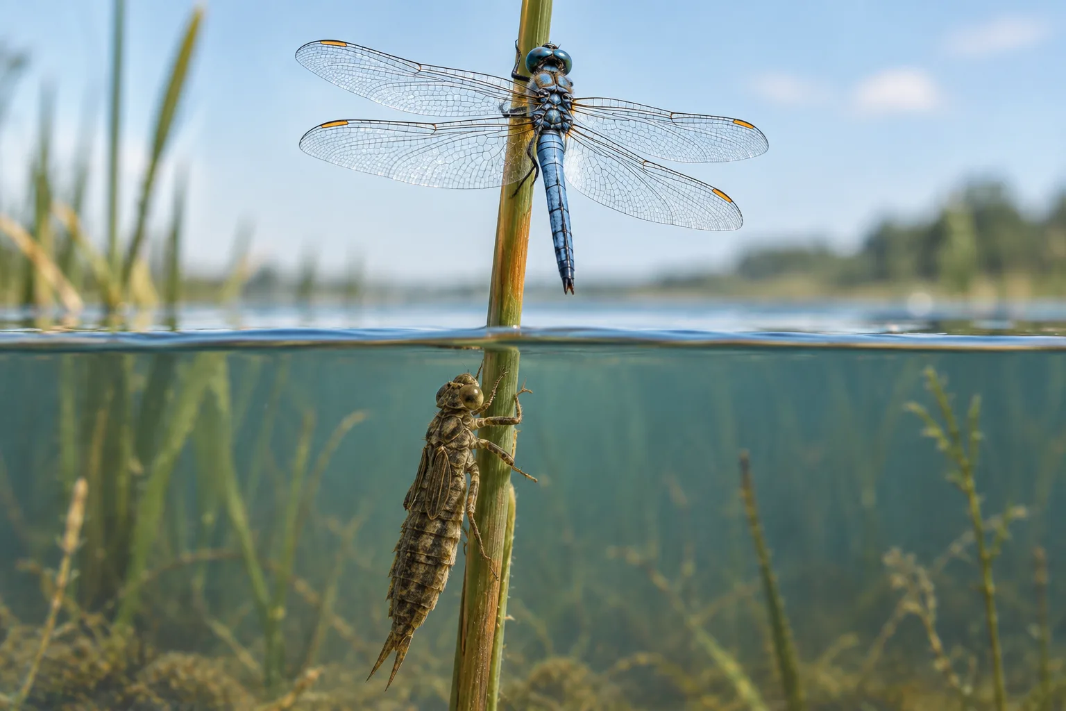 A dragonfly nymph clings to a reed underwater while an adult dragonfly rests above the pond.