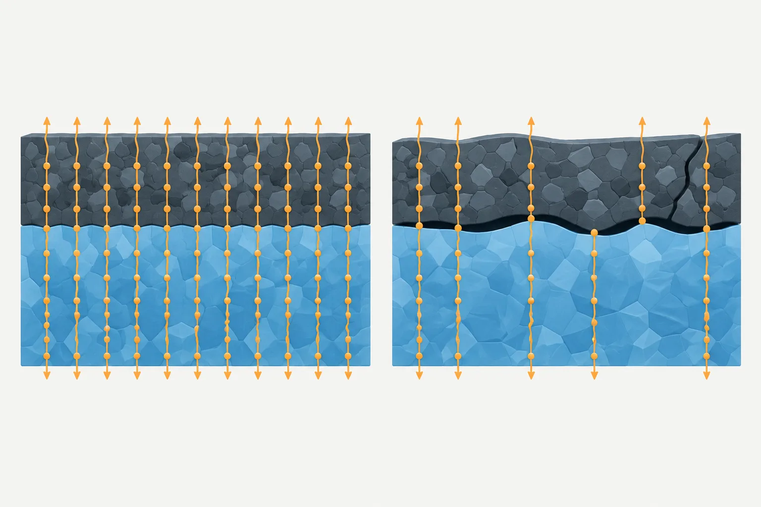 Small gaps between solid layers leave fewer places for lithium ions to cross.