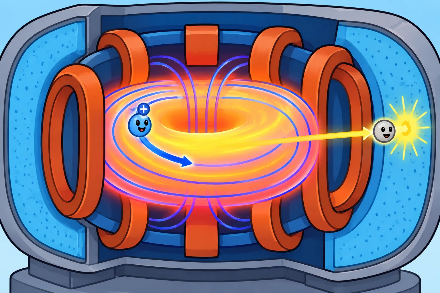 A neutron travels straight out of the plasma into the surrounding blanket while a charged particle curves.