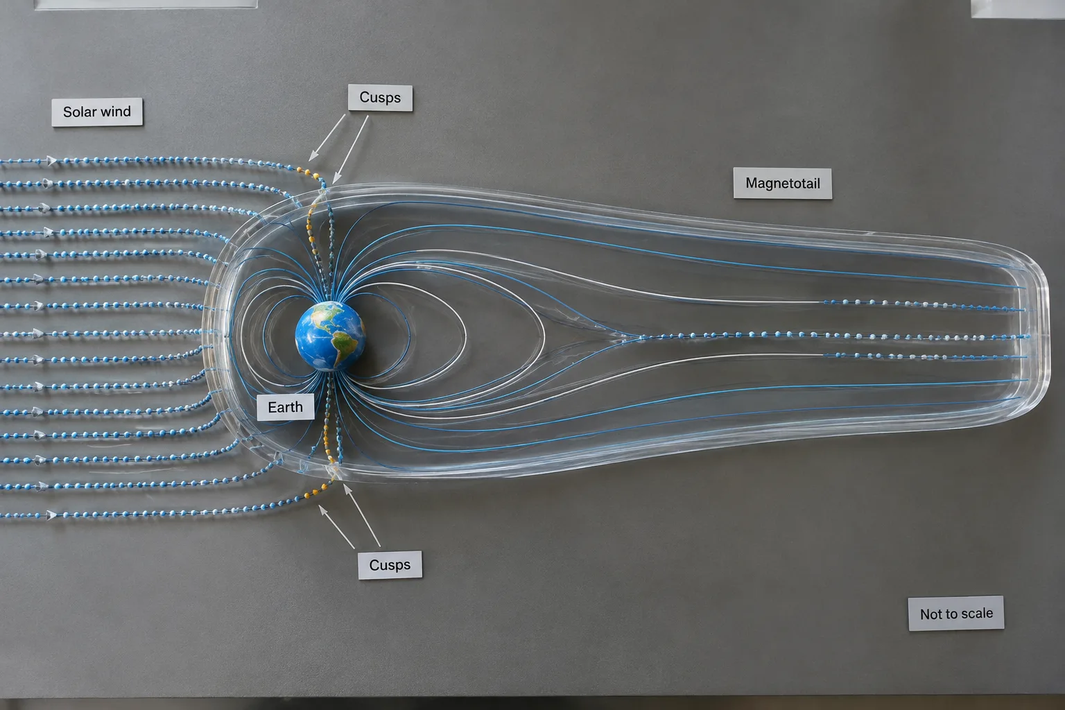 A tabletop model shows most solar wind bending around the magnetosphere, with limited entry through high-latitude cusps.