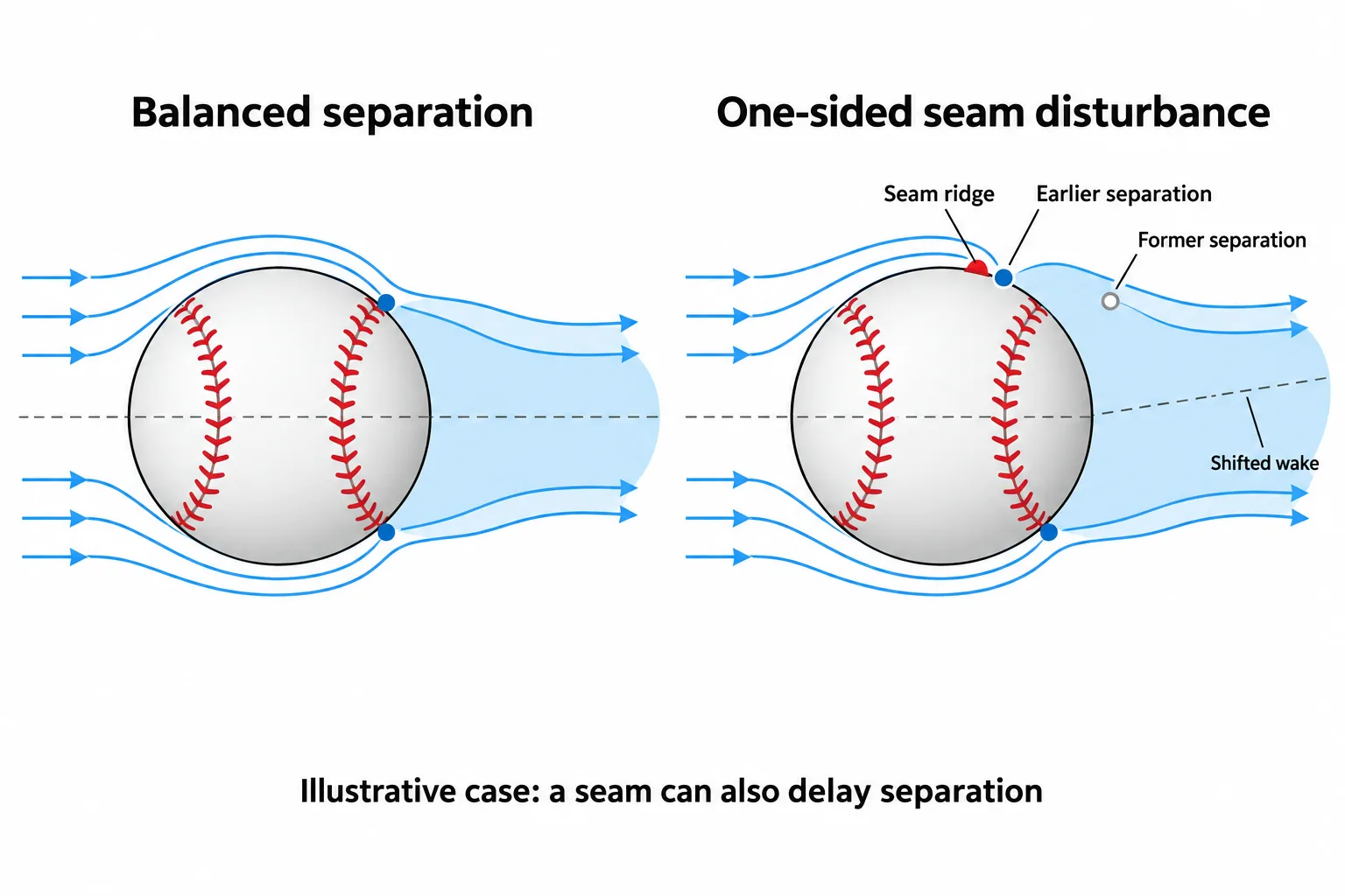 Two schematic flow patterns show how a seam that advances separation on one side can shift an otherwise balanced wake.