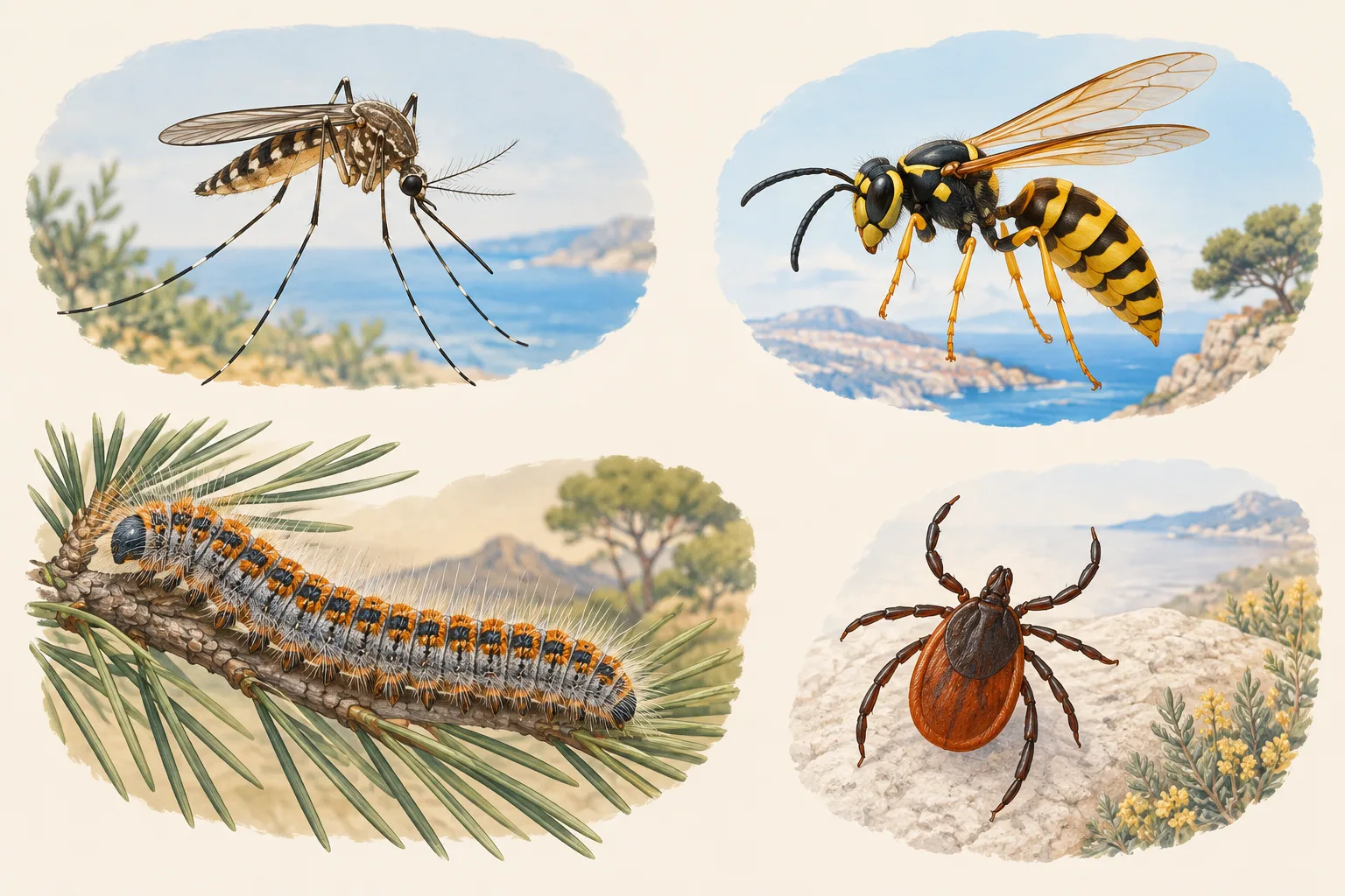A mosquito, wasp, pine processionary caterpillar and tick appear in separate sections of a Mediterranean scene.