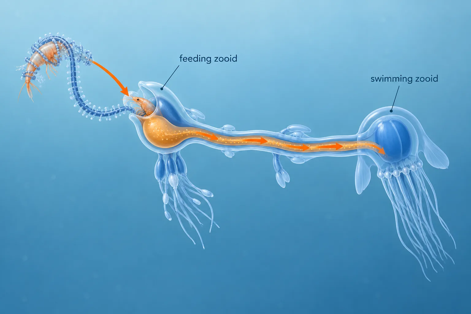 A feeding zooid receives prey from a tentacle while an internal passage carries nutrients to a swimming zooid.