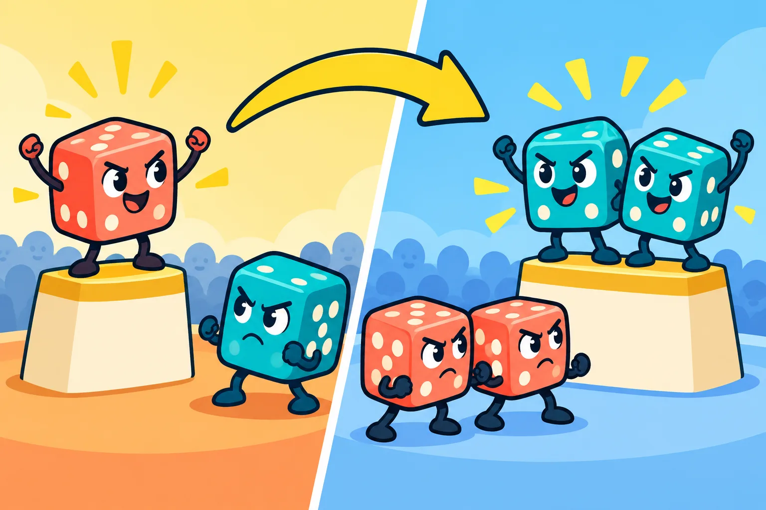 A coral die wins a single-die contest, while a pair of teal dice wins when two dice are compared.