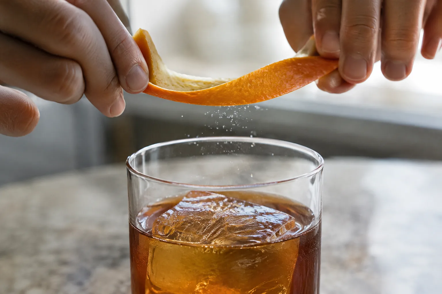 Hands squeeze an orange peel skin-side toward the cocktail, releasing a fine spray of fragrant oils.