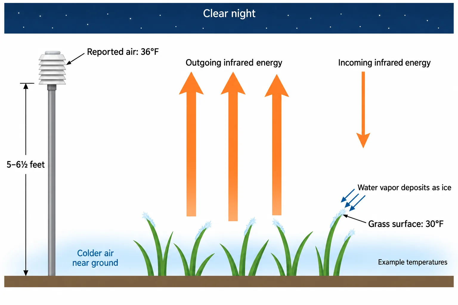 A side-view diagram shows air measured at 36°F above grass cooled to 30°F, where water vapor deposits as frost.