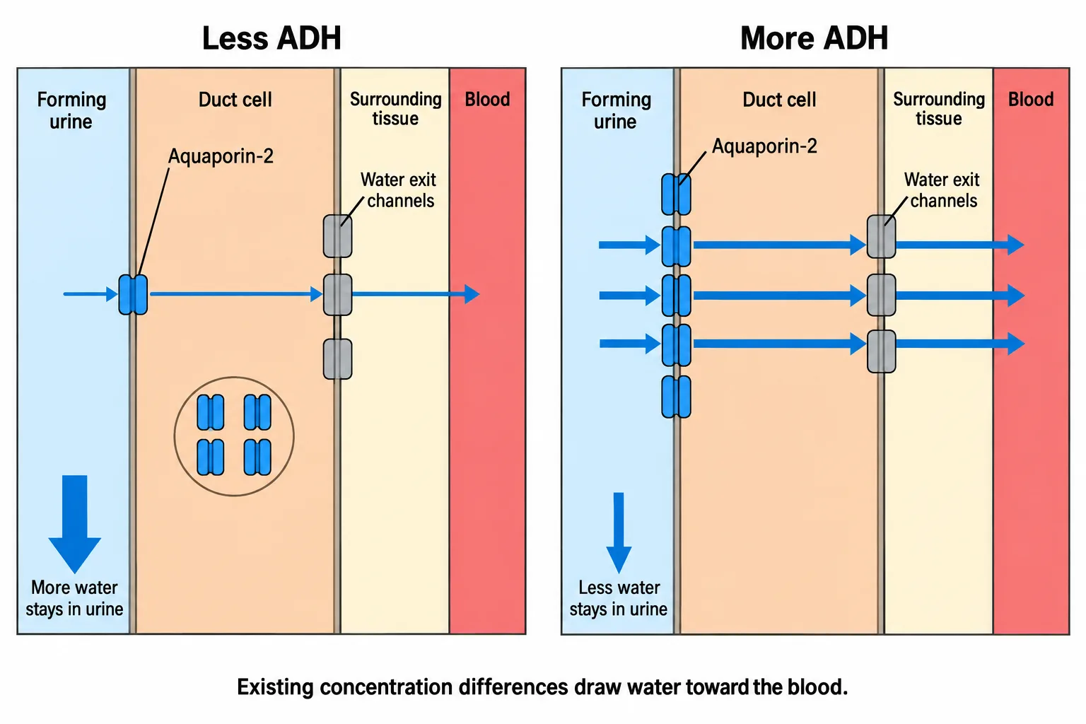 Compared collecting-duct cells show how more ADH places more aquaporin-2 channels on the urine-facing membrane, increasing water return to blood.