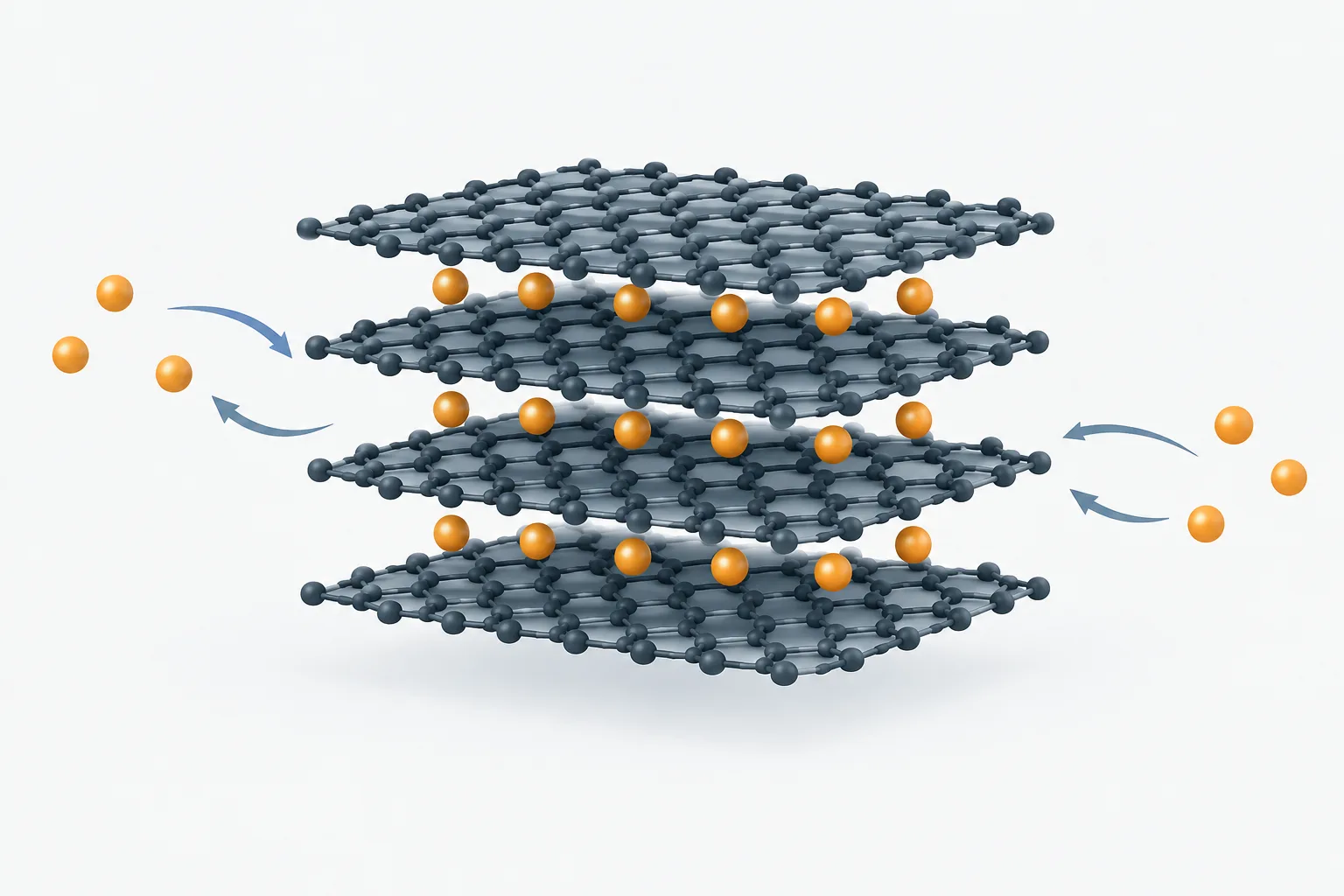 Lithium ions sit between intact graphite layers and can move into or out of those spaces.